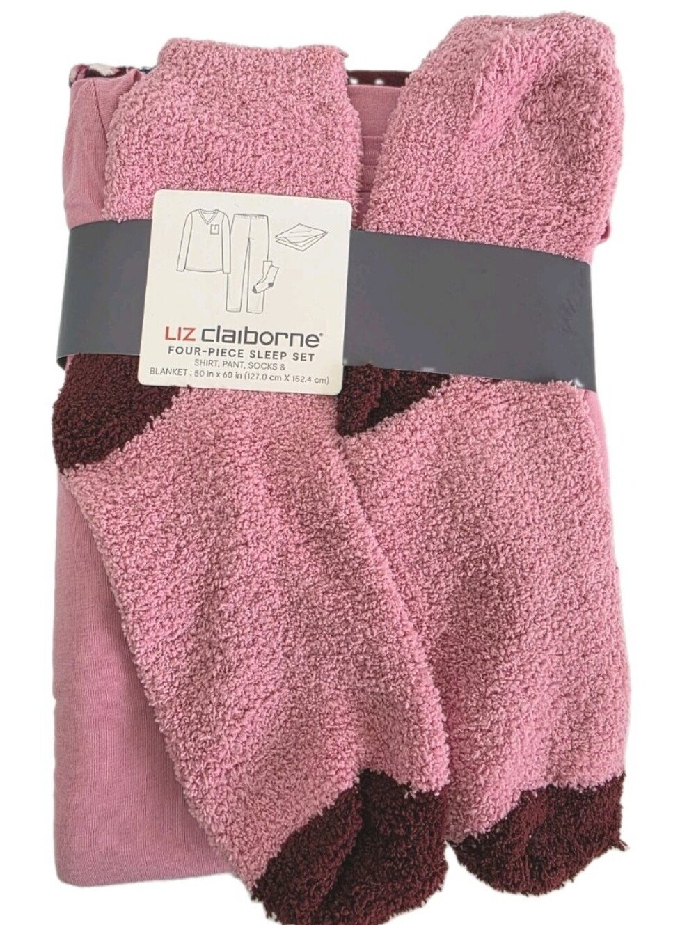 Liz Claiborne 4 Piece Pajama Set Burgundy Floral Print Blanket Socks Size Medium